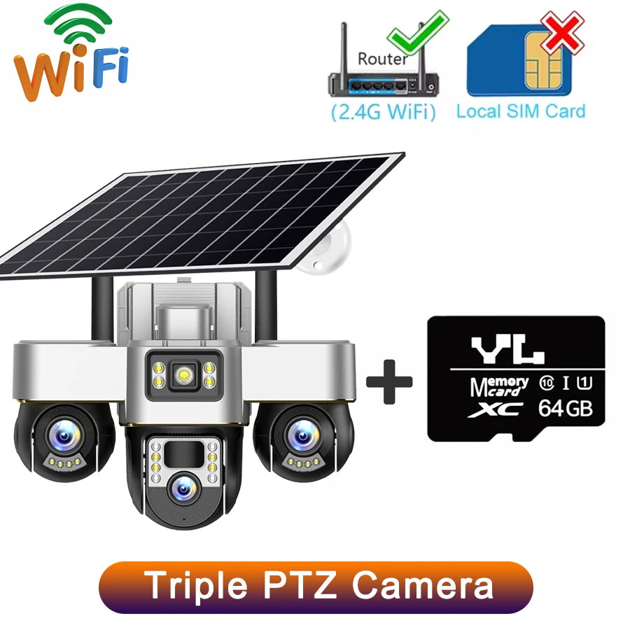 15MP WIFI Three PTZ Solar Camera Three screen PIR Human Tracking Security CCTV Surveillance IP Camera PTZ control for all 3 Lens WIFI Cam 64G Card