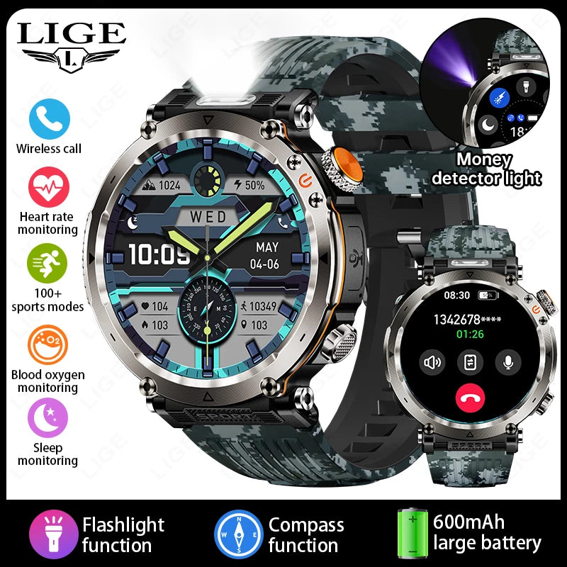 Outdoor Smart Watch Men LED Flashlight &ndash; Long Battery Life blue camouflage