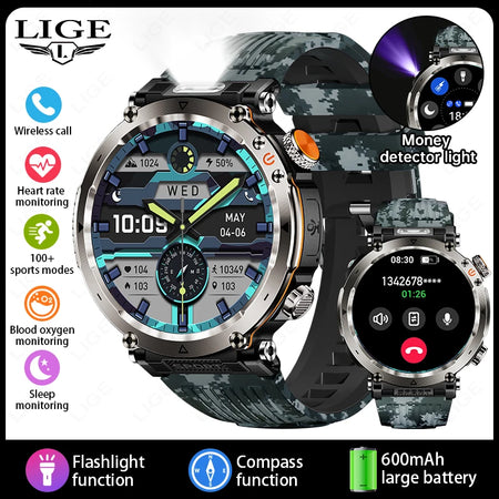 Outdoor Smart Watch Men LED Flashlight &ndash; Long Battery Life blue camouflage