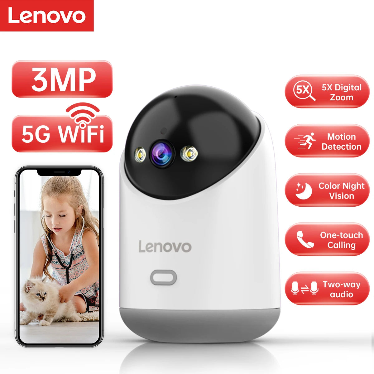 Lenovo 3MP HD WiFi Camera - Smart Indoor Security with Auto Tracking 3MP Add 64G SD / US Plug / CHINA