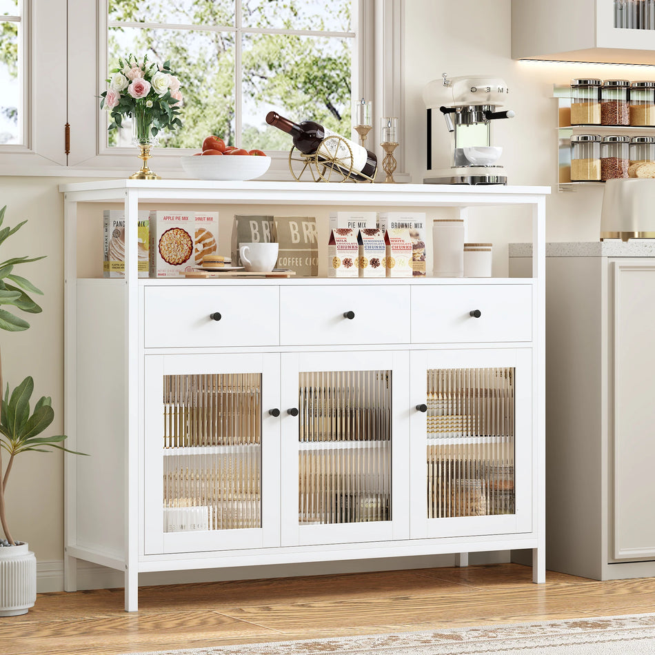 Getone White Sideboard With Drawers And Glass Doors