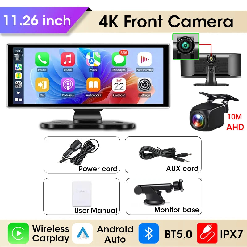 11.26 Inch Dash Cam 4K Car DVR &ndash; Wireless Carplay and Android Auto with Dual Lens and GPS Navigation 4K DVR 10m Camera / No TF Card