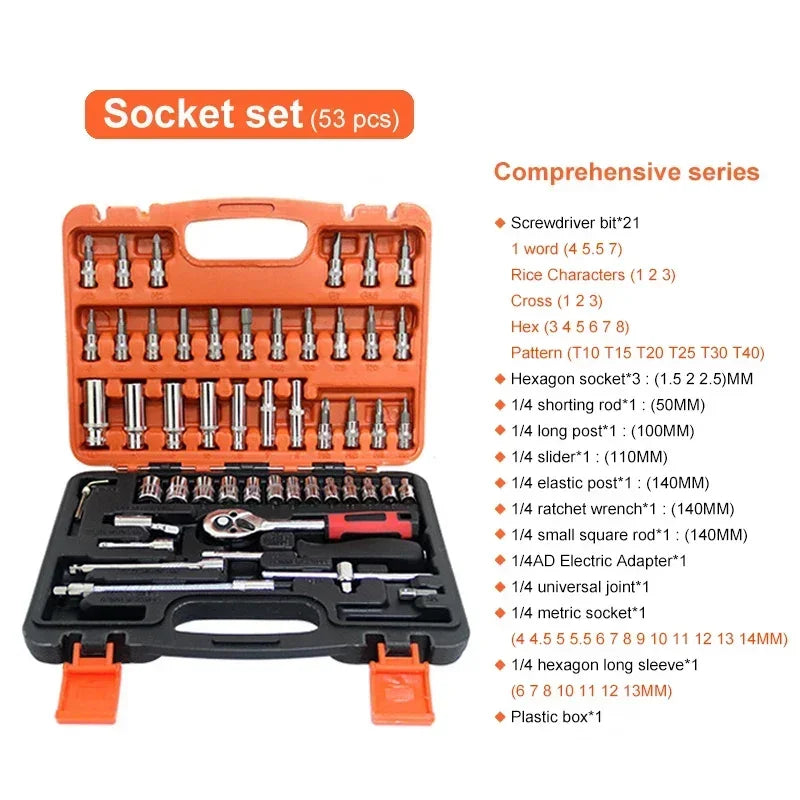 Car Repair Tool Kit 46/53 Piece Set &ndash; Durable Auto Tools 53 PCS Orange