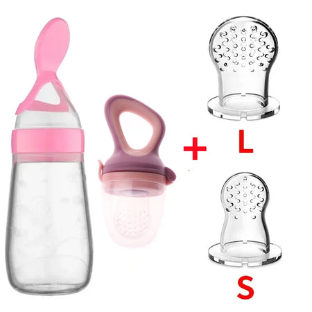 Safe Silicone Baby Feeding Spoon Bottle and Fruit Feeder Kit Pink 4Pcs Set A