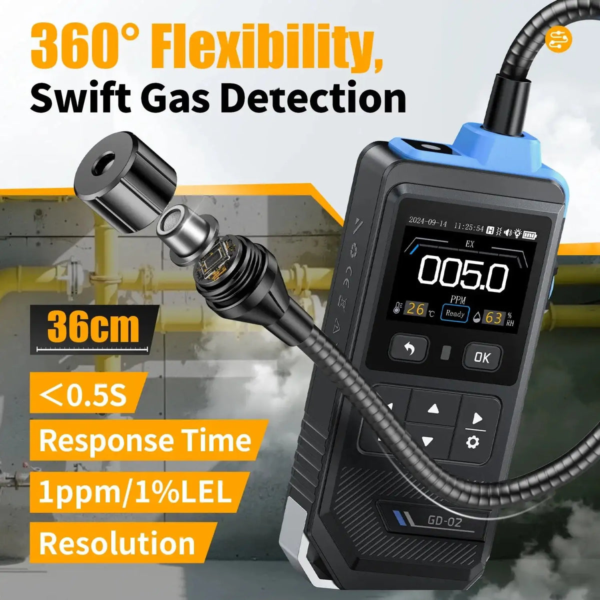 FNIRSI GD02 Gas Leak Detector 50000ppm Alarm Methane Propane