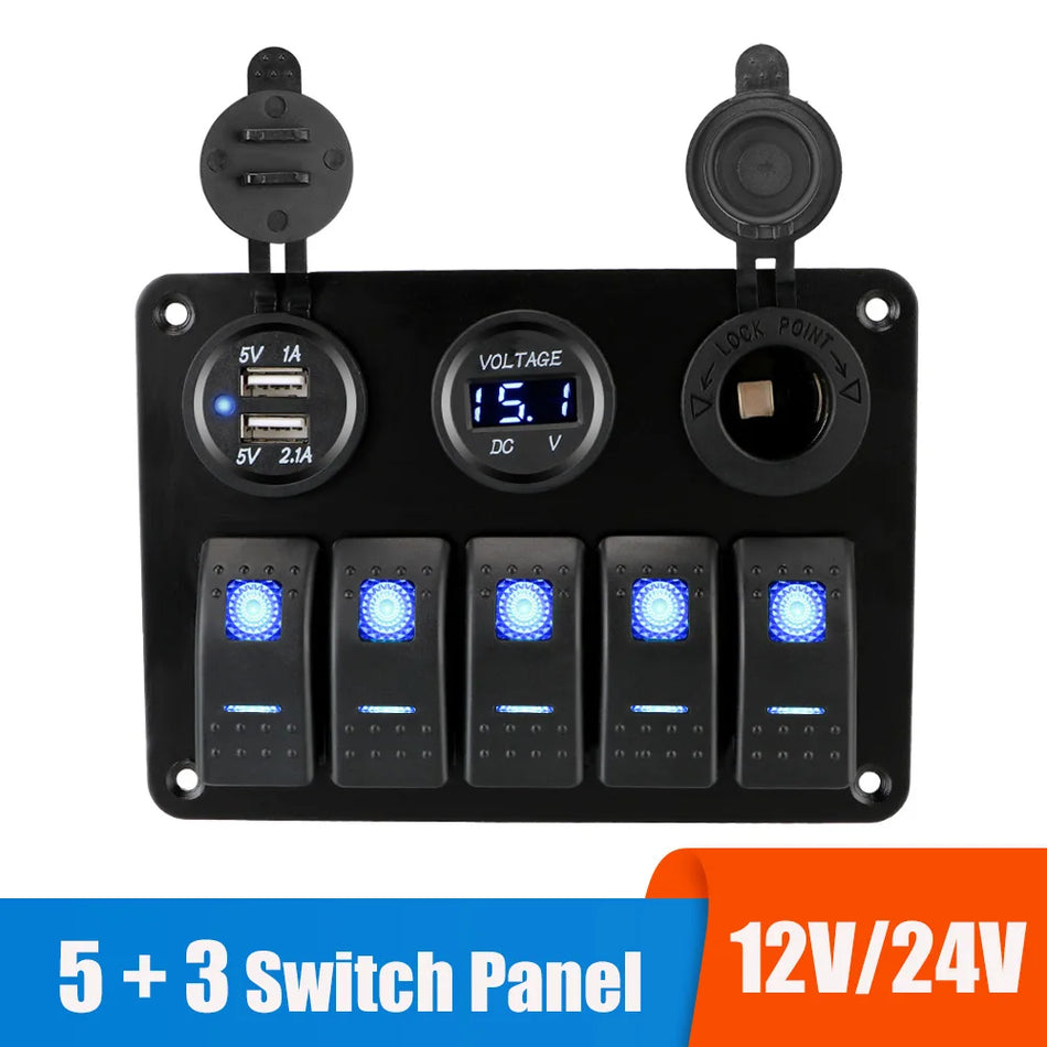 Karavano RV furgono priekabos jungiklio pultas su USB įkrovikliais 12V 24V