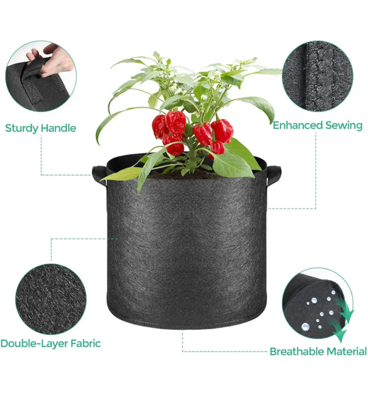 5-Pack Aeration Fabric Grow Bags with Handles - Optimal Plant Health