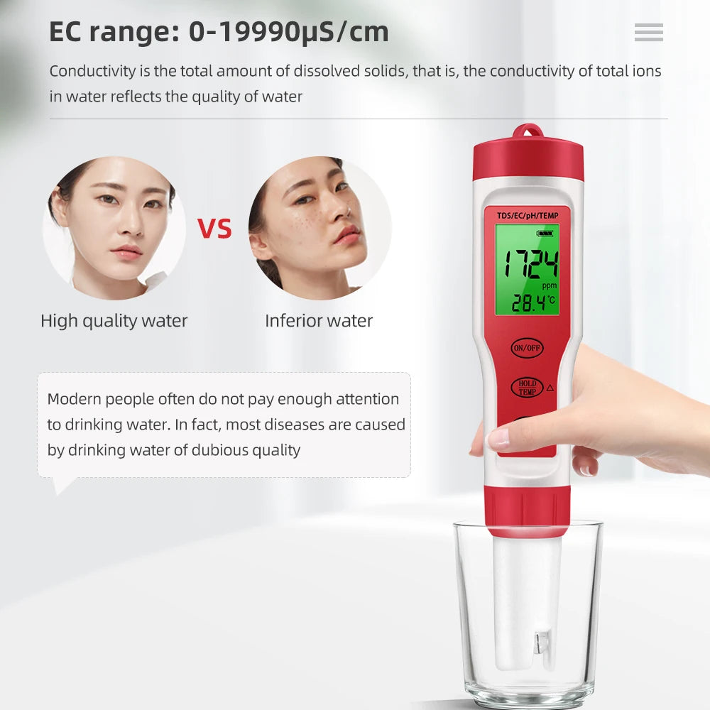 Handheld PH Meter Waterproof TDS EC Temp Tester &ndash; Backlight