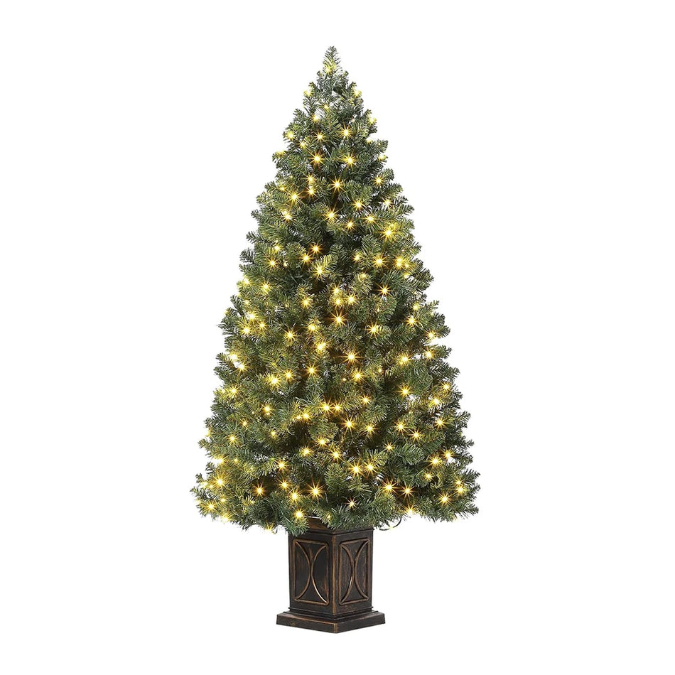 4.5 Ft Christmas Tree Spruce with 300 Warm LED Lights, Red Berries, Pine Cones, Home Decor Made of Polyester