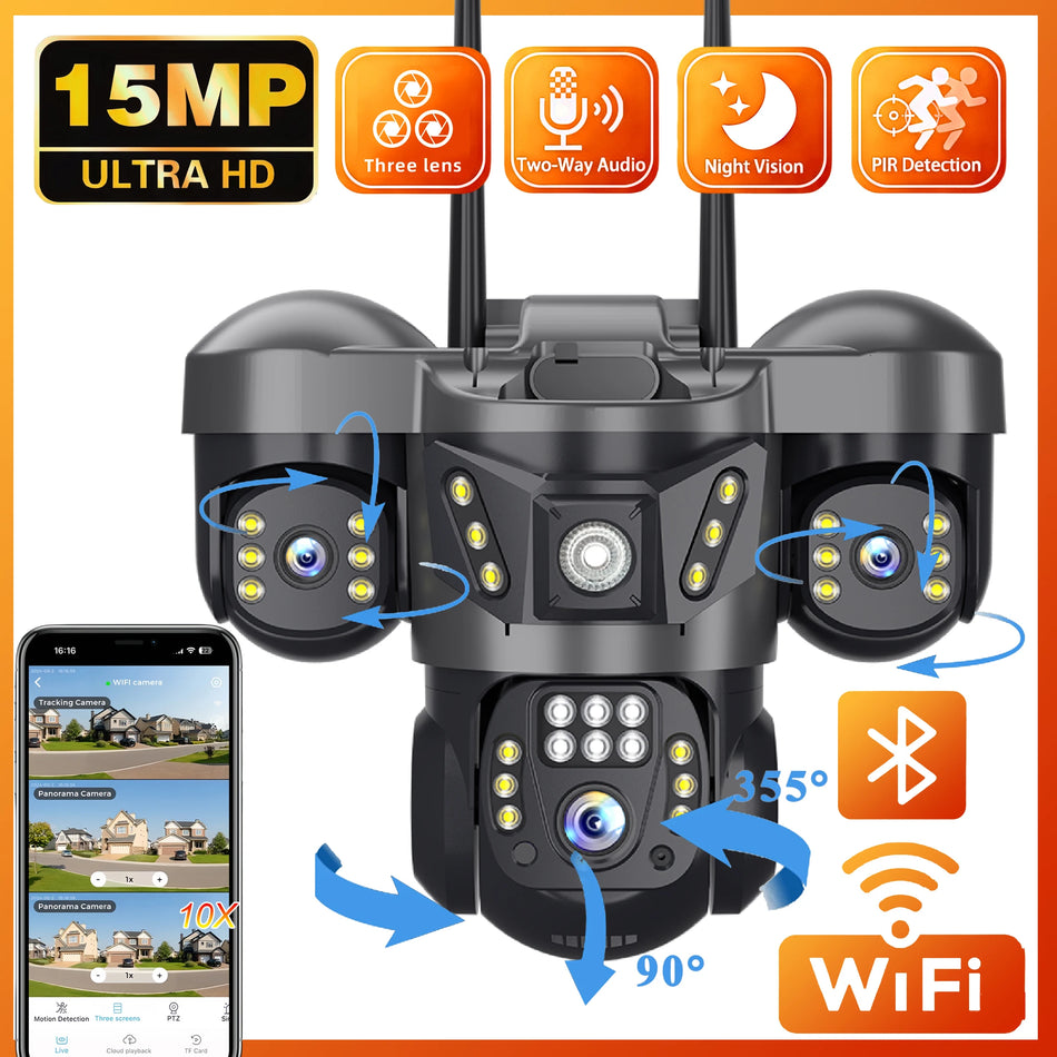 V380 Pro WiFi IP Camera 15MP Triple Lenses Triple Screens Security Video Monitor Night Vision Outdoor Waterproof CCTV Cameras