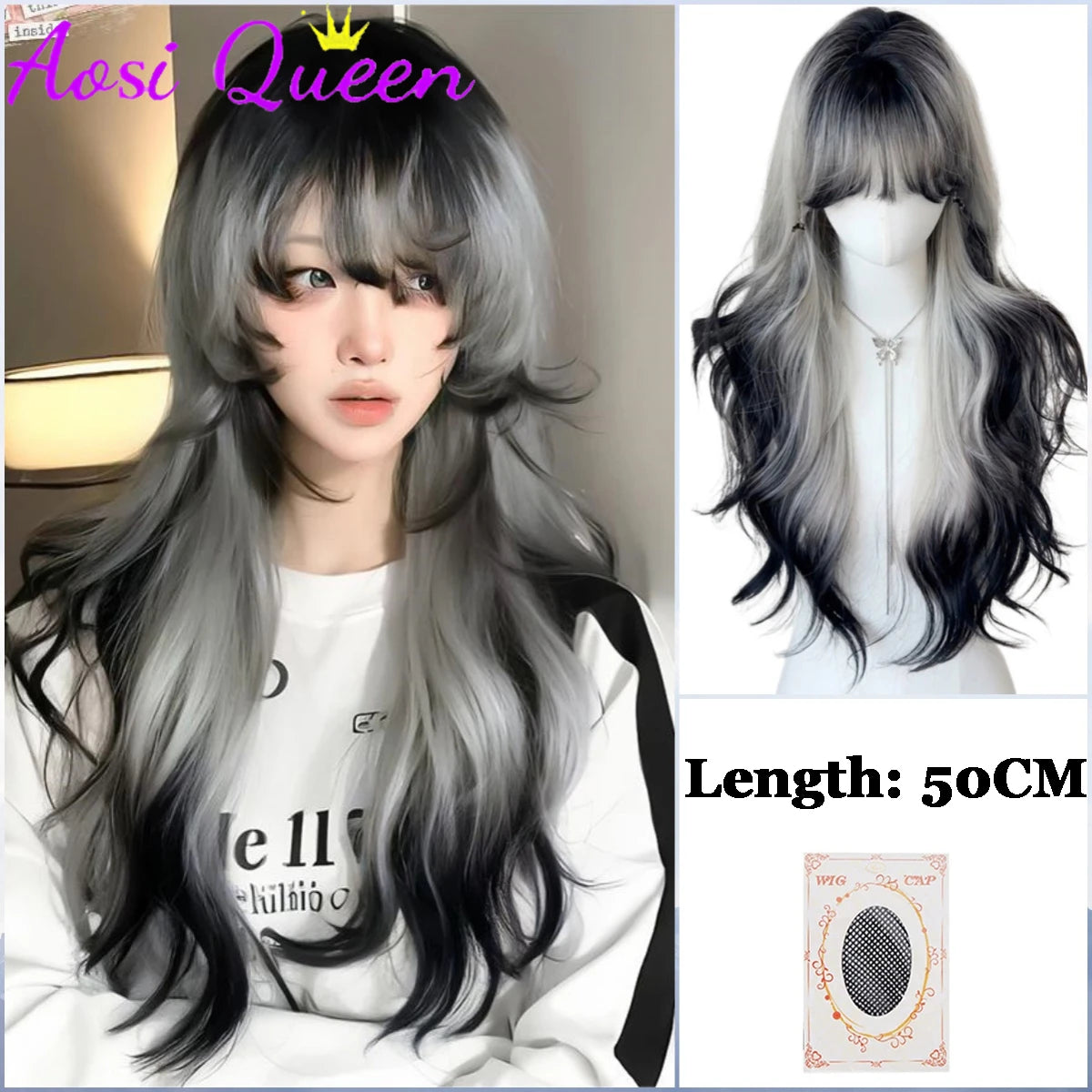 AosiQueen Black Pink Ombre Long Wavy Synthetic Wig with Bangs for Cosplay Blonde