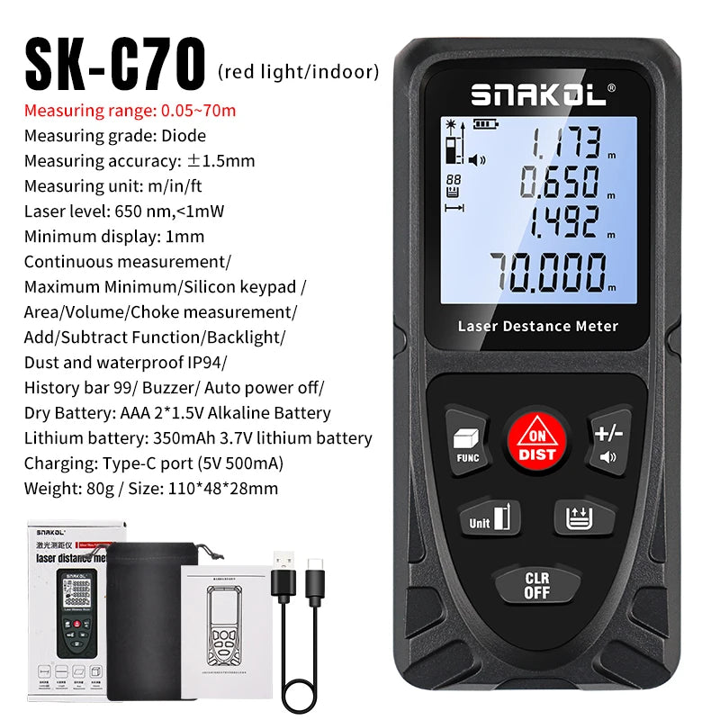 SNAKOL Professional Laser Distance Meter with Range Options up to 120m SK-C70 Type-C
