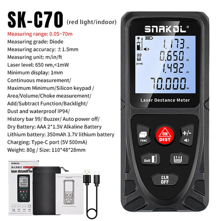 SNAKOL Professional Laser Distance Meter with Range Options up to 120m SK-C70 Type-C