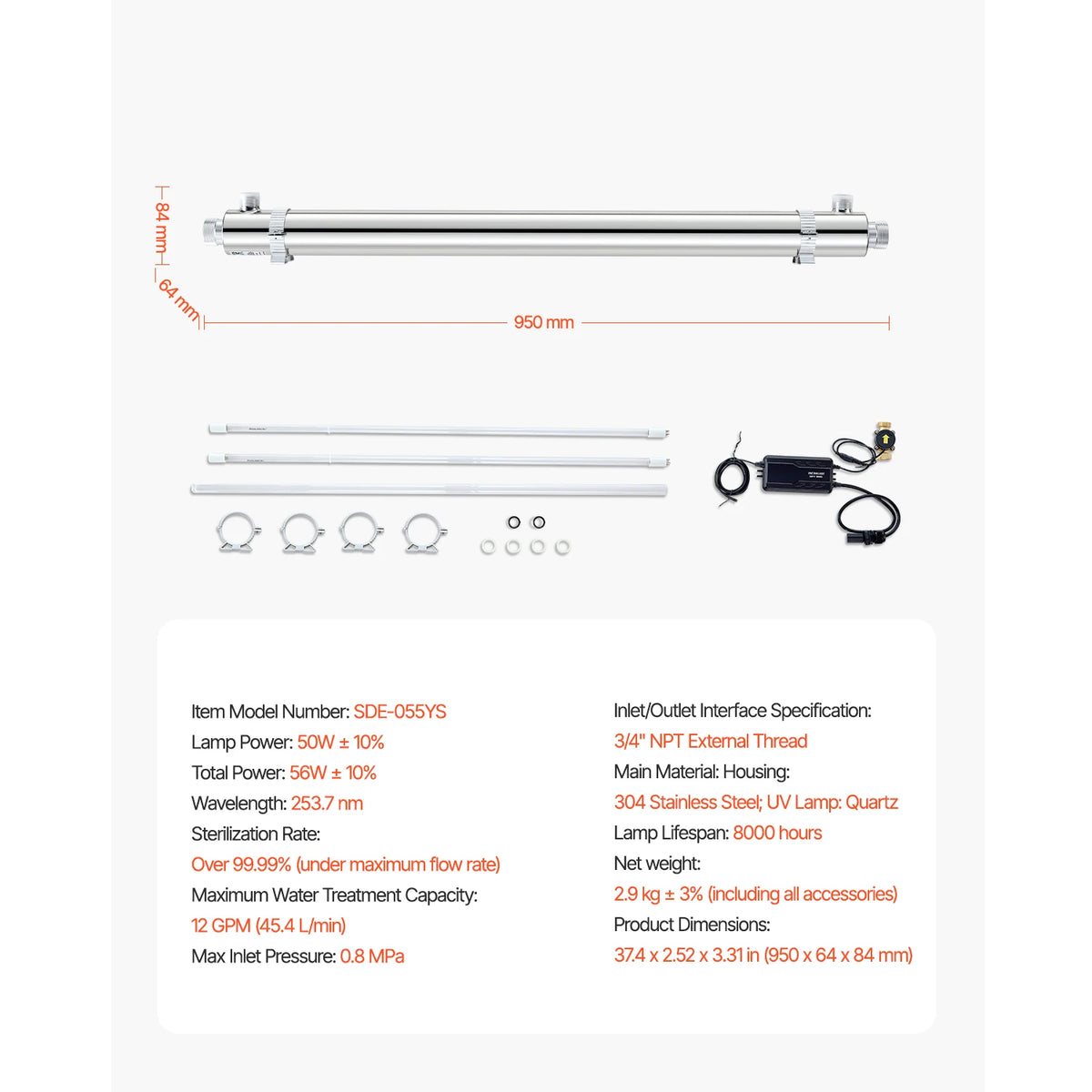 SucceBuy UV Water Purifier 8W &ndash; Whole House Filtration 55W 12GPM / United States