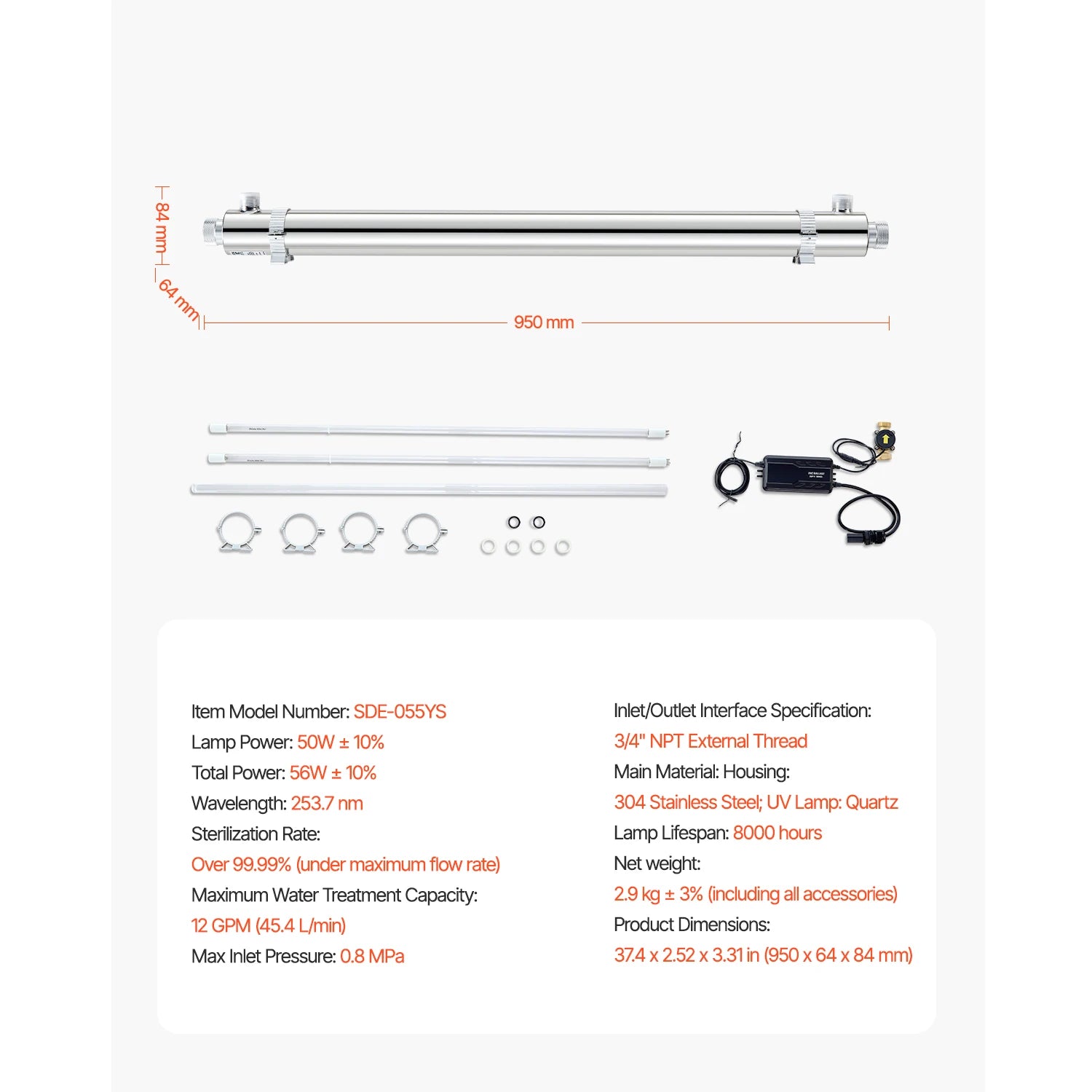 SucceBuy UV Water Purifier 8W &ndash; Whole House Filtration 55W 12GPM / United States