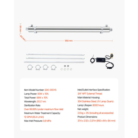 SucceBuy UV Water Purifier 8W &ndash; Whole House Filtration 55W 12GPM / United States