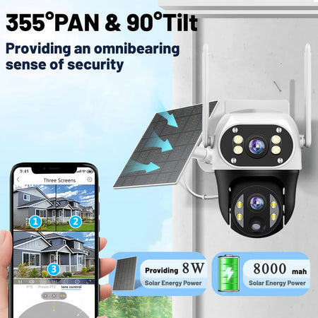 V380 12MP 3 Lens WiFi IP Solar Camera PIR Human Detection Night Vision Waterproof Security Video Camara 6K Battery CCTV Monitor