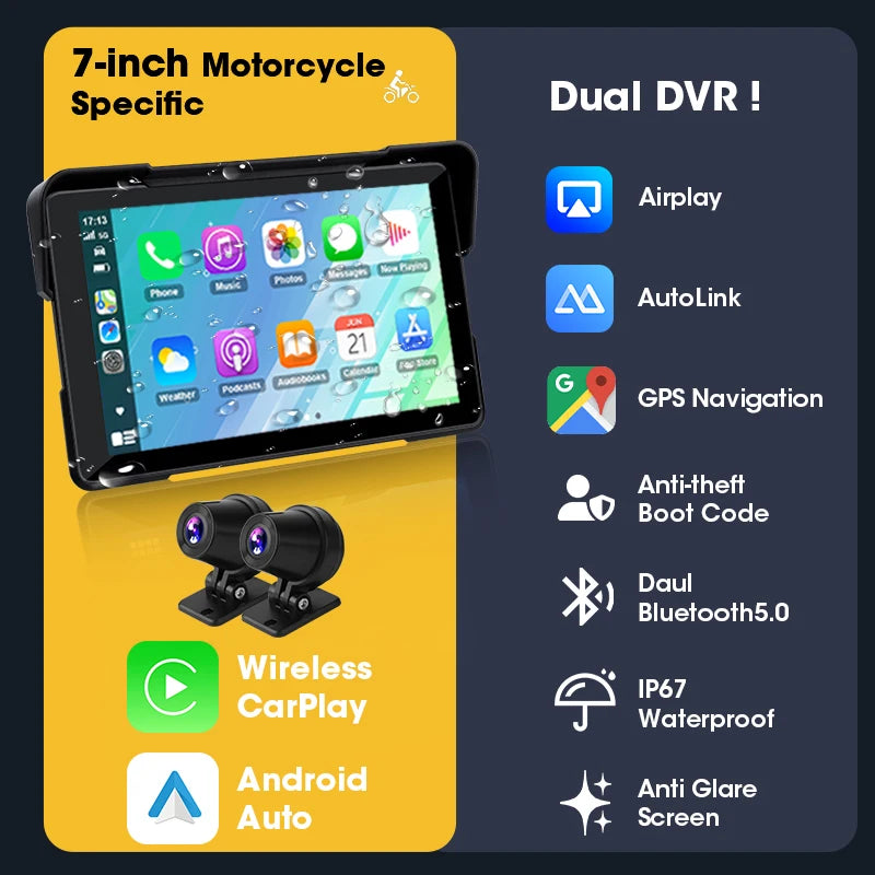 Vtopek 7 Inch Motorcycle DVR GPS Navigation &ndash; IPX7 Waterproof Wireless CarPlay and Android Auto 7inch Screen-DVR / 64G