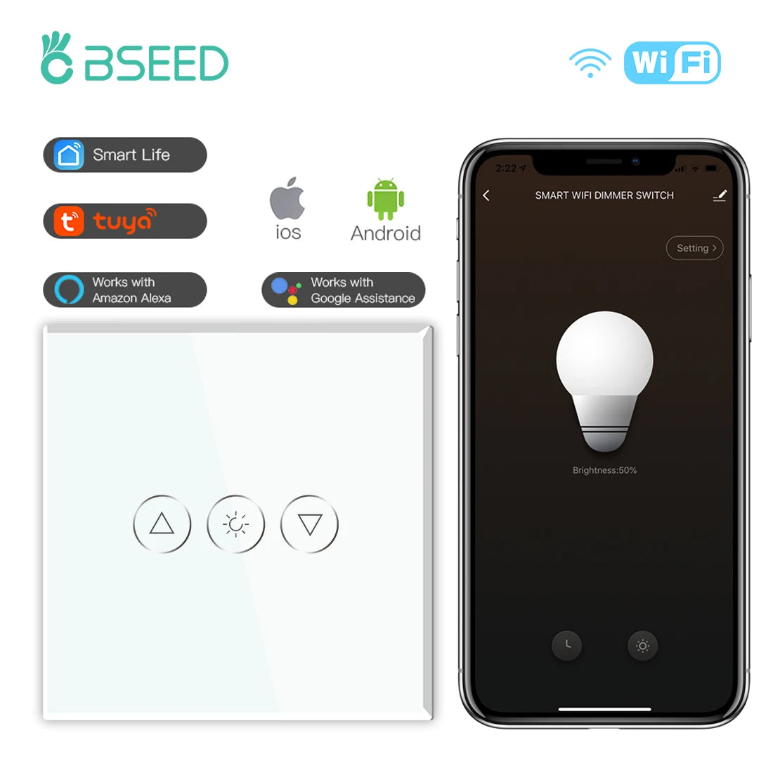 BSEED EU Touch Wifi Light Dimmer 1 Gang - WiFi Enabled WHITE / EU standard