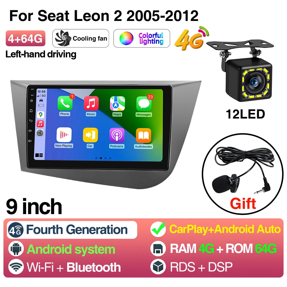 9Inch Car Radio For Seat Leon MK2 2005-2012 - CarPlay 4 64G 12LED