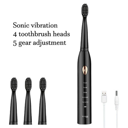 Sonic Electric Toothbrush &ndash; Five Gear Mode and IPX7 Waterproof 4 head Black