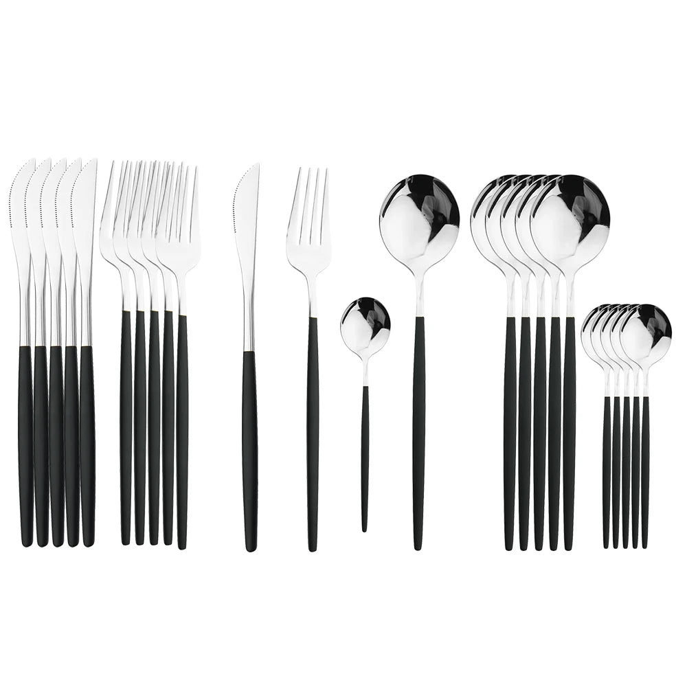 KNGZI 24Pcs Black Handle Golden Cutlery Set &ndash; Elegant Stainless Steel Flatware for Any Occasion Black Silver