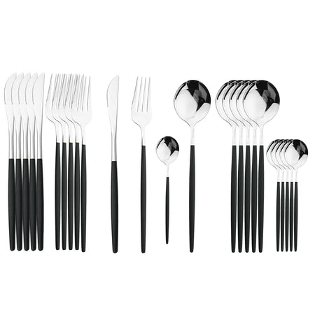 KNGZI 24Pcs Black Handle Golden Cutlery Set &ndash; Elegant Stainless Steel Flatware for Any Occasion Black Silver