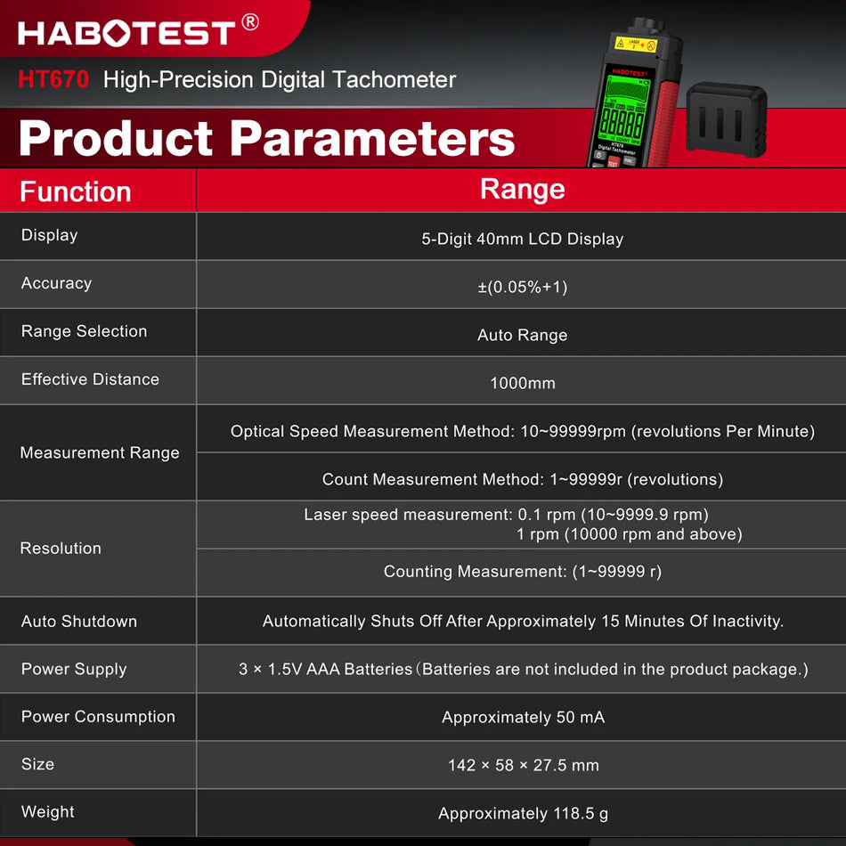HT670 Tacómetro Digital 10-99999RPM Medidor de Velocidade Portátil Sem Contato