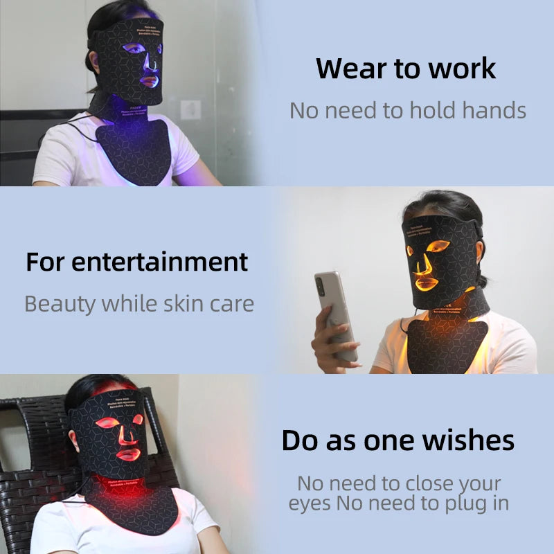 LED Rotlichttherapie-Gesichtsmaske mit Hals, Silikon, Infrarot, 4 Farben