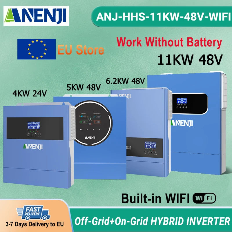 ANENJI Hybrid Solar Inverter 4KW-11KW, Pure Sine Wave, MPPT, 24V 48V, 100/120/160A, WiFi