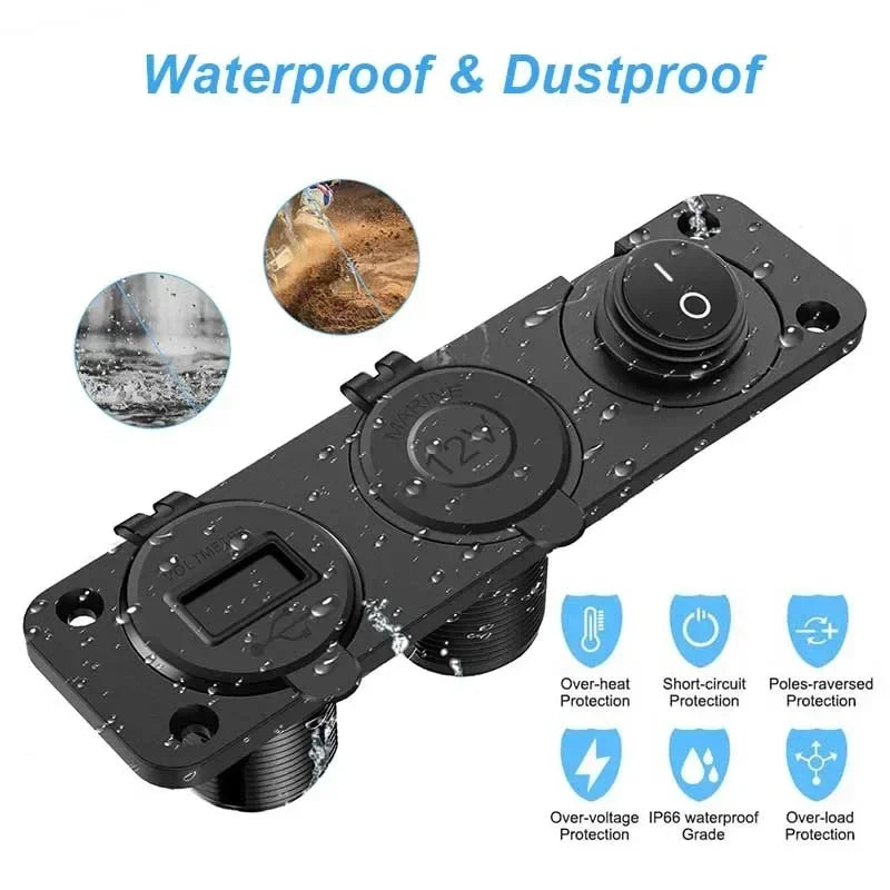 Waterdicht aluminium USB-autolaadpaneel met dubbele QC3.0-aansluiting en schakelaar