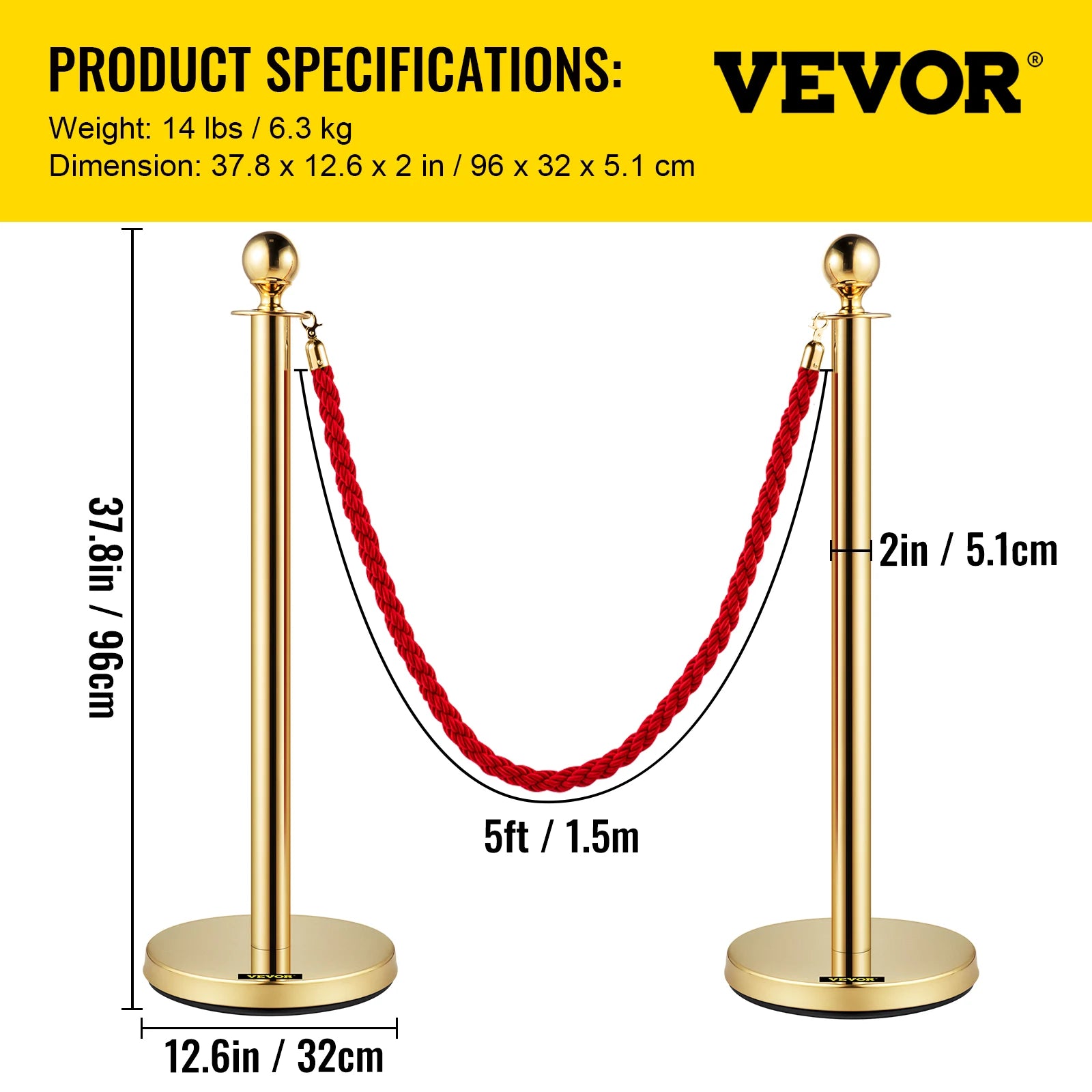 SucceBuy Velvet Ropes Gold Stanchion - Ball Top Design