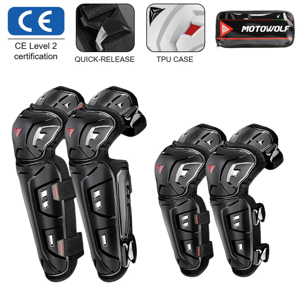 CSHWISDOW Shockproof Adjustable Knee Pads for Motorcycle Racing Black  set  Long