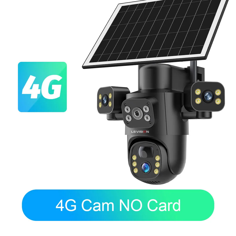 LS VISION 4G / WiFi Solar Camera 3Lenses Outdoor 15MP 4K Low Power Battery IP Camera PIR Night Vision V380 Pro CCTV Security 4G 10XZoom No Card / CHINA