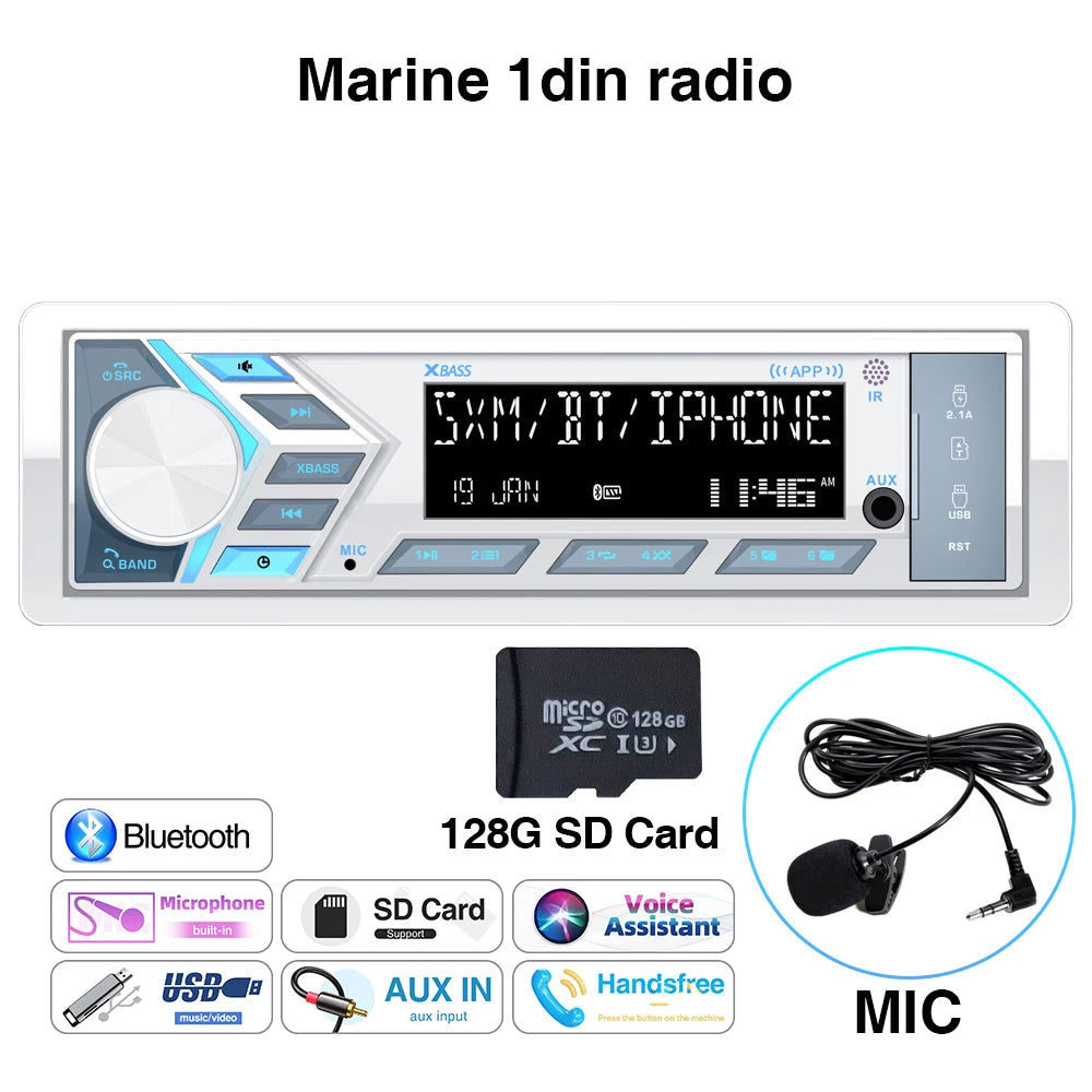 AKAMATE 1Din Boat Radio - Bluetooth USB AUX Marine Stereo radio mic 128G