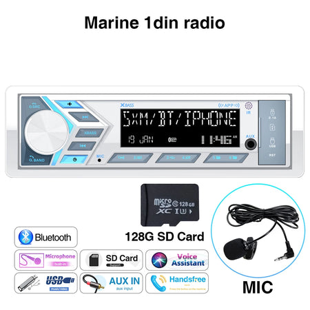 AKAMATE 1Din Boat Radio - Bluetooth USB AUX Marine Stereo radio mic 128G