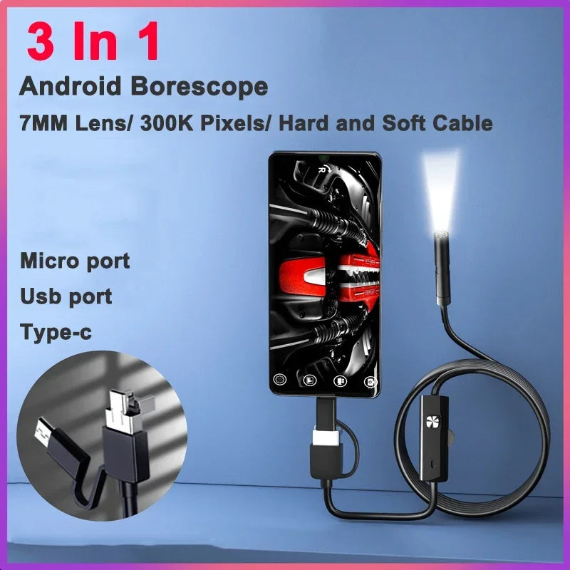 HD Endoscope Camera 7mm 6 LED, IP67 Waterproof with USB-C for Android and PC