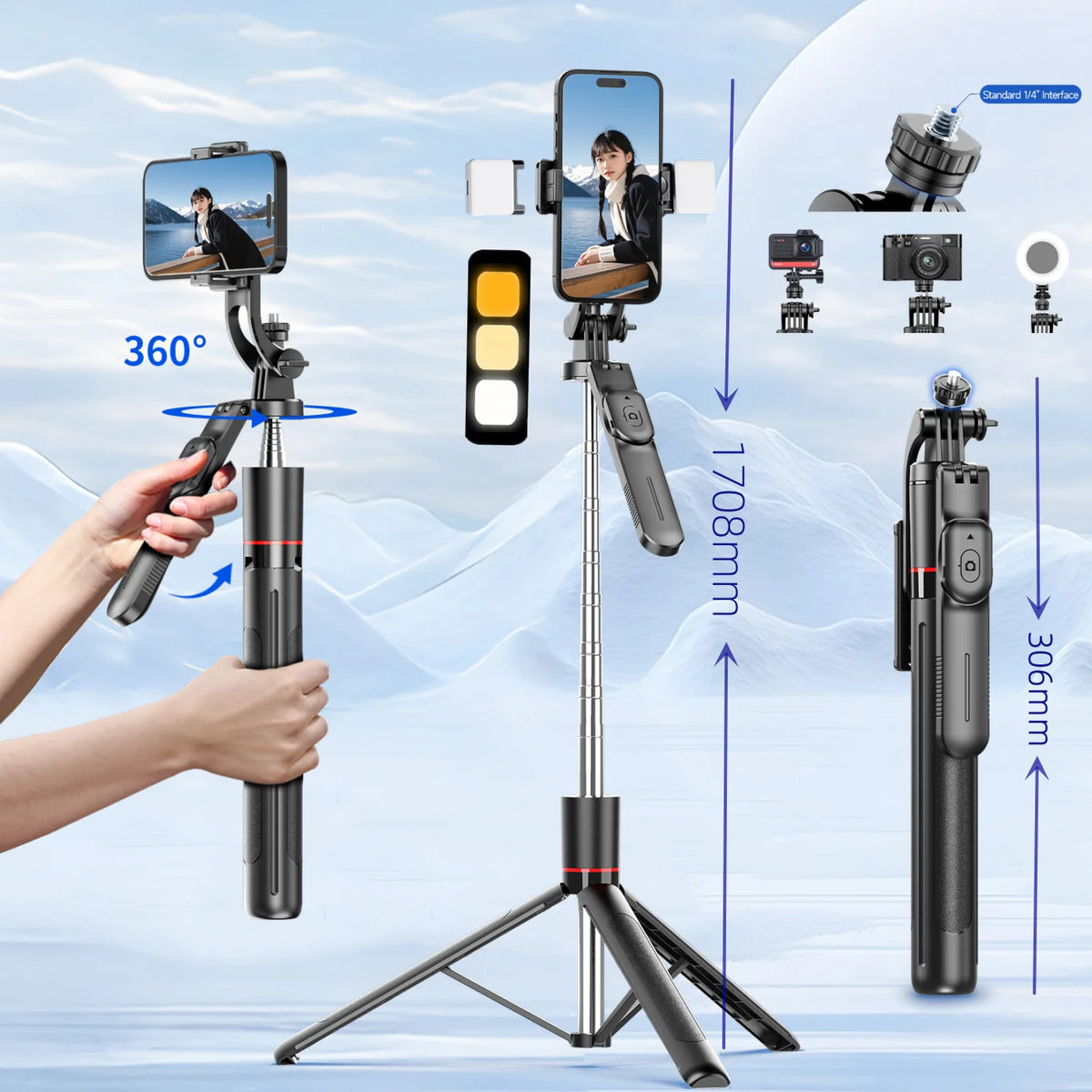 MEUYAG Monopod Remote Shutter with Fill Light &amp; Bluetooth Selfie Stick for Smartphones