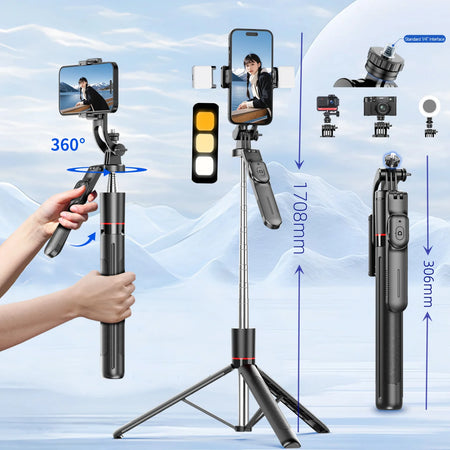 MEUYAG Monopod Remote Shutter with Fill Light &amp; Bluetooth Selfie Stick for Smartphones