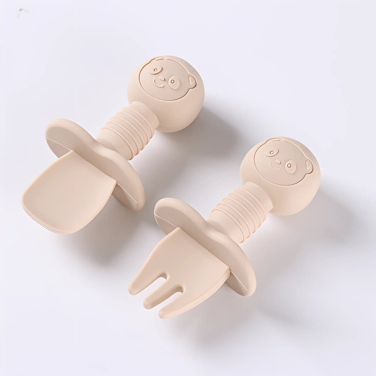 CZSAE 2pcs Silicone Spoon &amp; Fork Set for Baby Feeding Beige