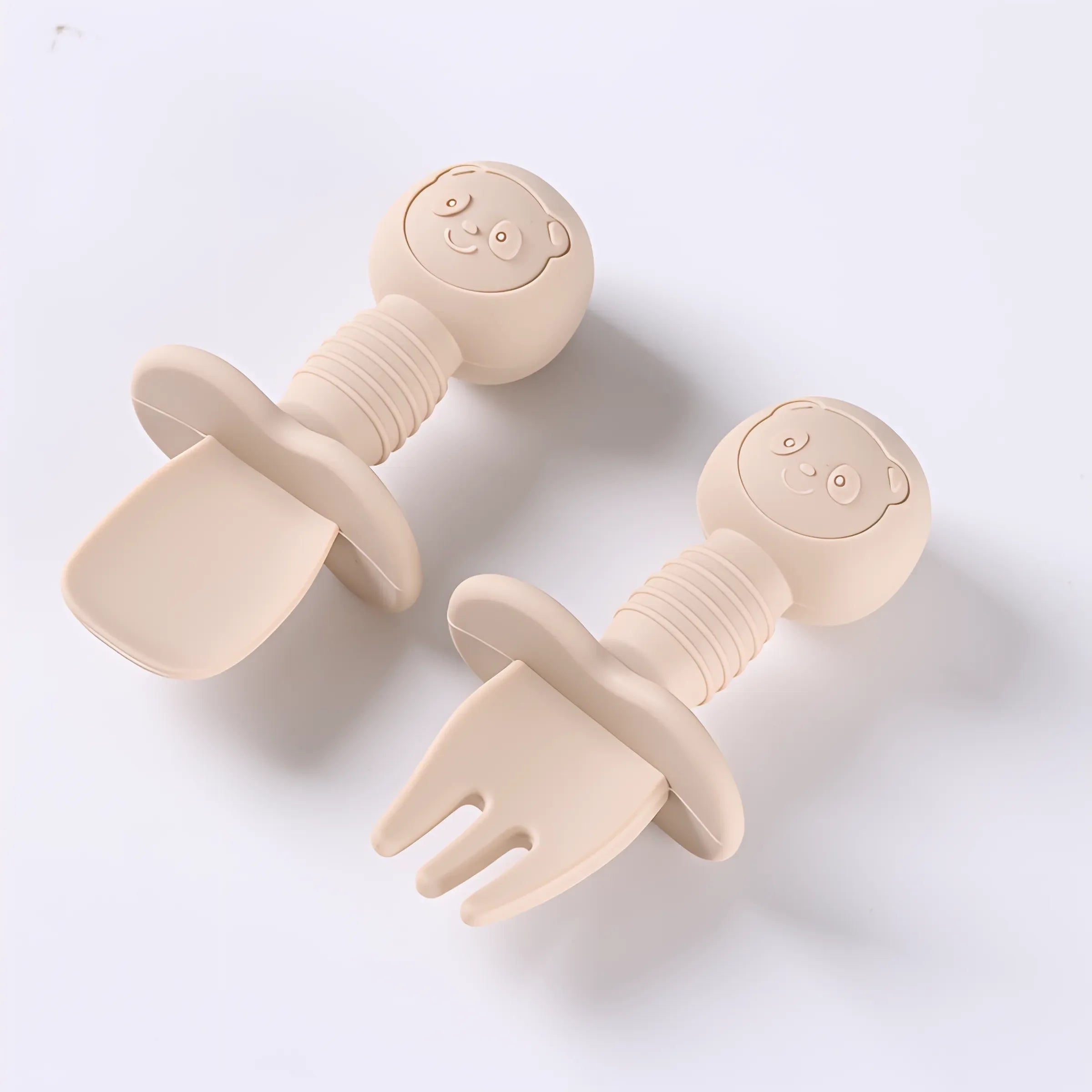 CZSAE 2pcs Silicone Spoon &amp; Fork Set for Baby Feeding Beige