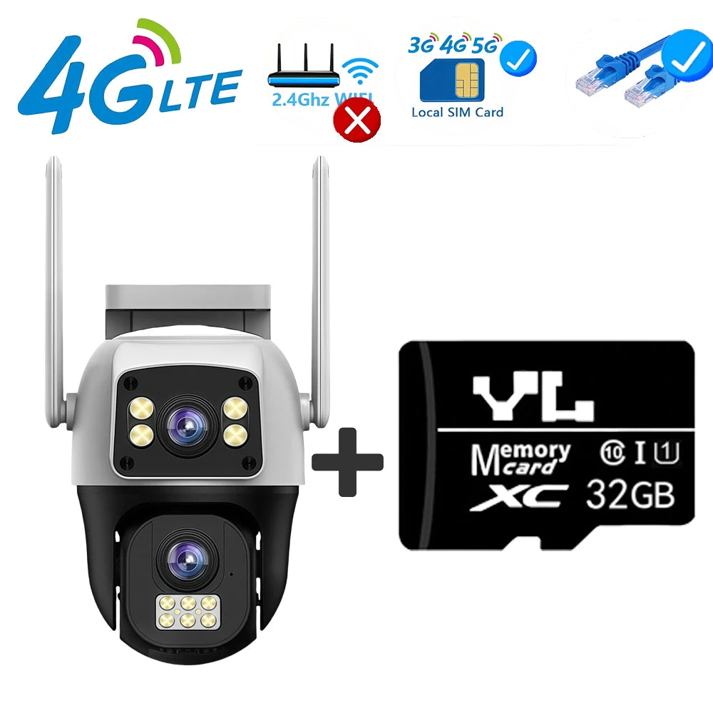 4K 8MP 4G SIM IP Camera Dual Lens Outdoor Waterproof 360&deg; Human Detect Video Surveillance Security  CCTV Protection PTZ Cameras 4G Camera 32G Card / UK Plug