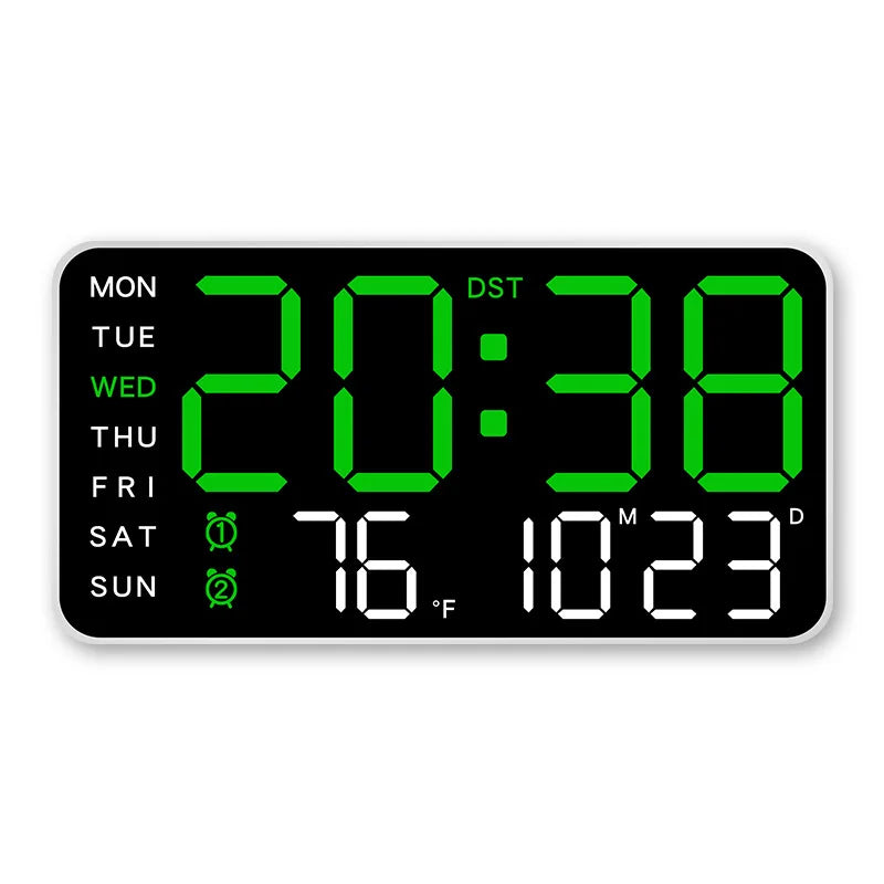 Large LED Digital Wall Clock with Remote Control, Temperature &amp; Date Display White-green