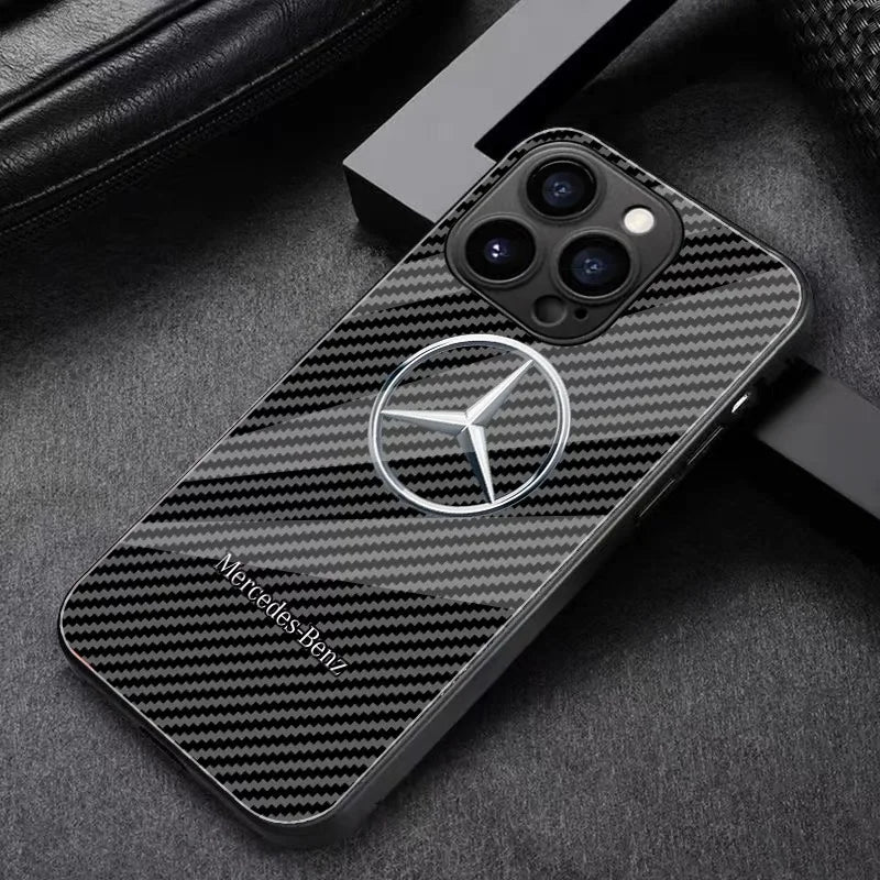Carbon Fiber Mercedes Benz Logo iPhone Case - Compatible with iPhone 7 to iPhone 16 Pro Max - Black Edge Tempered Glass Cover For Benz / for iPhone 15 Plus