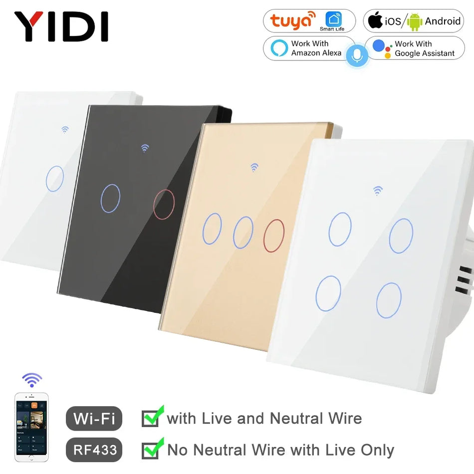 4-Gang WiFi Wall Light Switch Tuya Smart RF 433MHz 2/3-Way EU 220V No Neutral