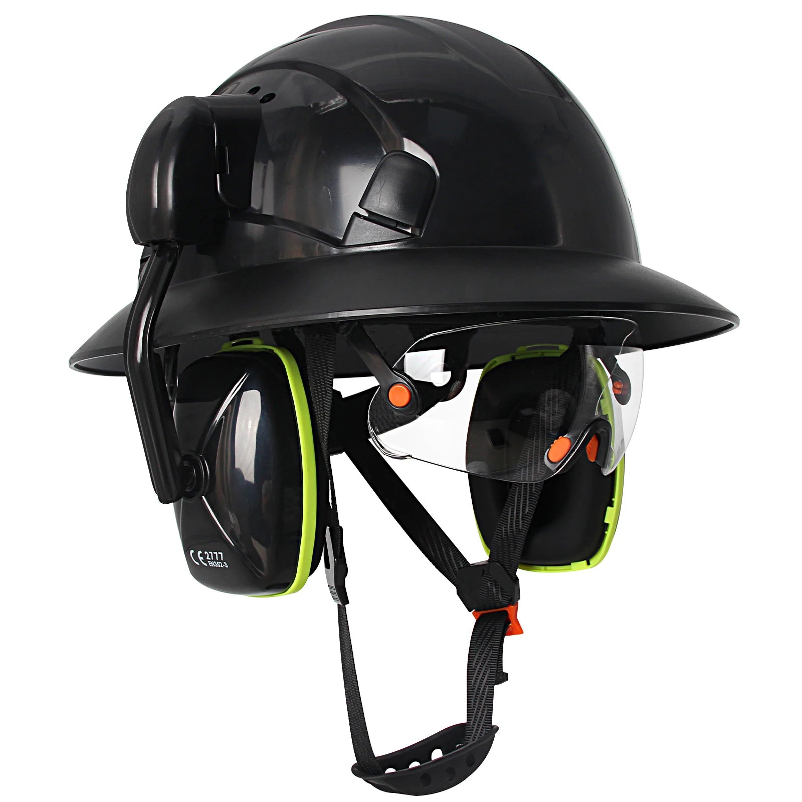 CE Full Brim Safety Helmet With Goggles &ndash; Built In Earmuffs Black Set