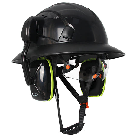 CE Full Brim Safety Helmet With Goggles &ndash; Built In Earmuffs Black Set