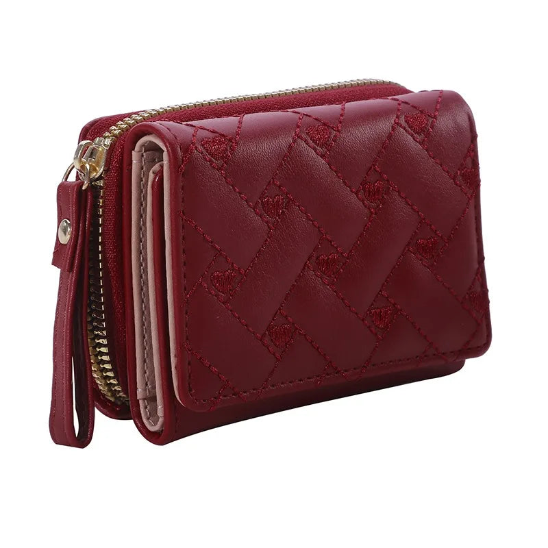 Korean Minimalist Embroidered Love Pattern Tri-Fold PU Wallet for Women red