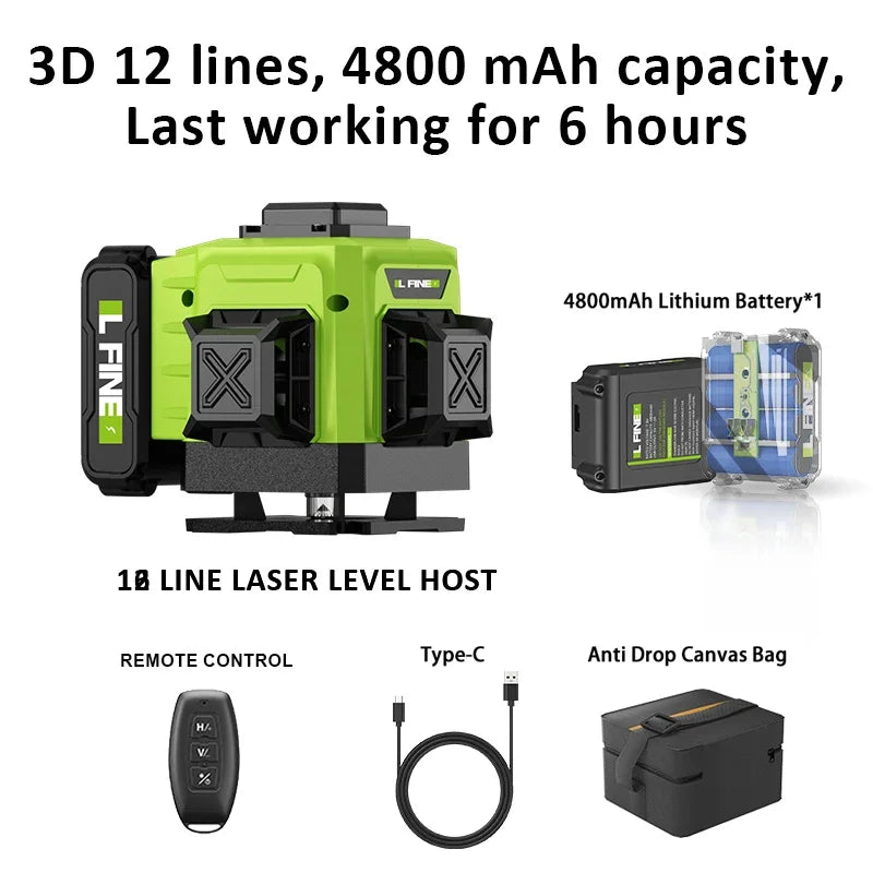 LFINE 3D/4D Laser Level - 12/16 Lines with Remote &amp; 360&deg; Self-Leveling 12 lines big battery
