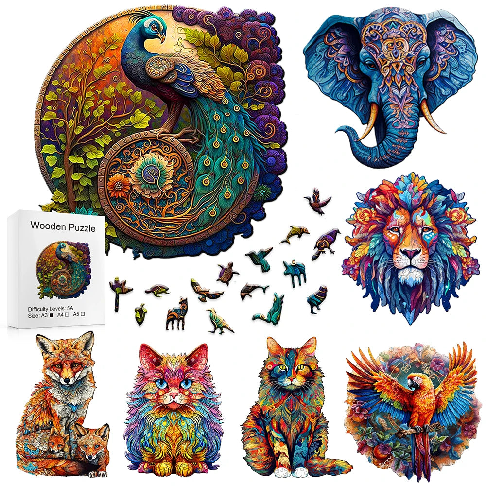 Wooden Jigsaw Puzzle - Colored Cat &amp; Peacock Design - Creative Intelligence Toy for Adults and Kids 14+